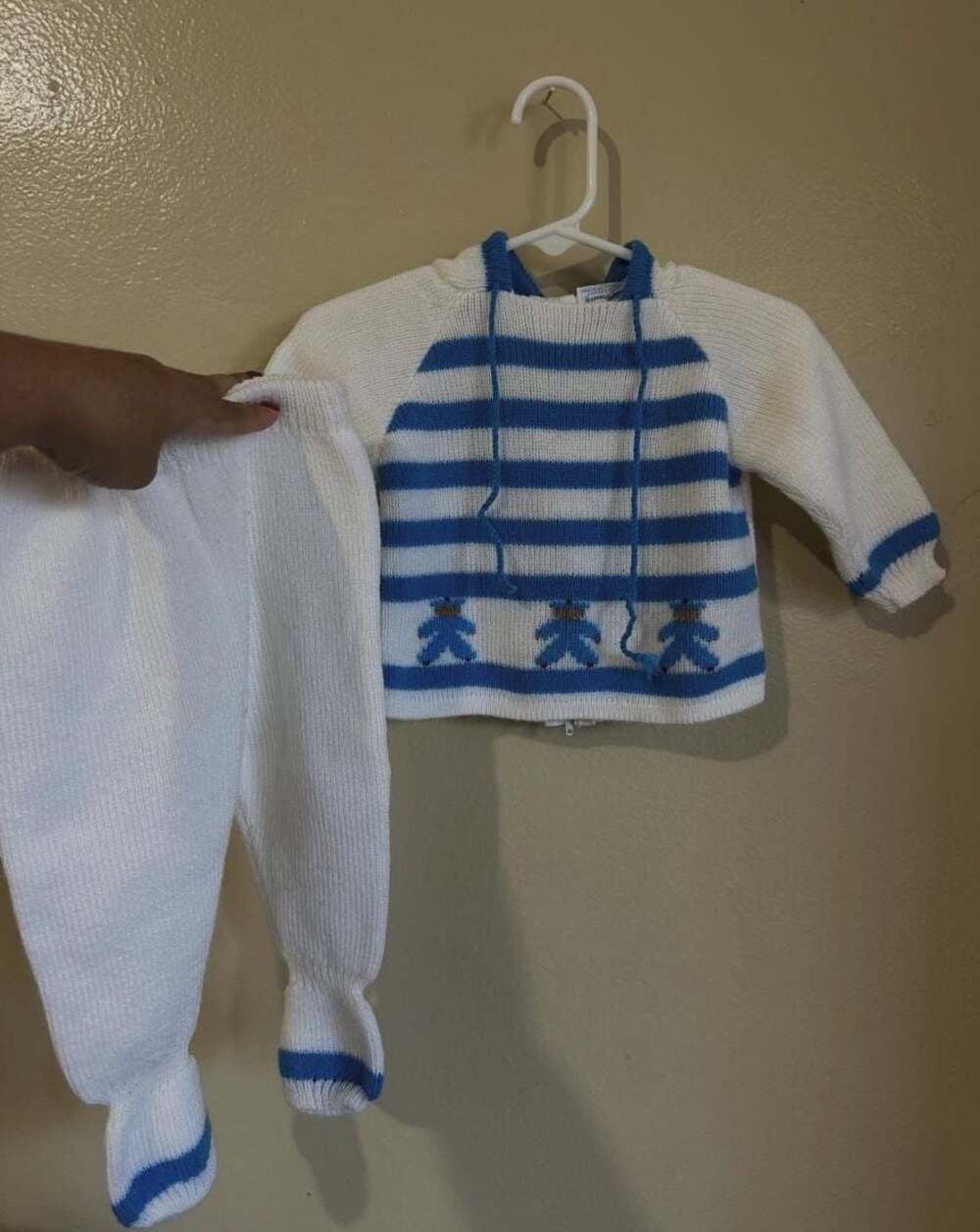 Vintage Neiman Marcus Blue & White Striped Knit Hooded Sweater and Pants Set 0-3